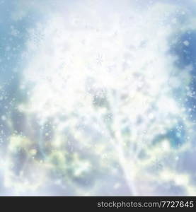 christmas defosued background tree branch and blue gleaming bokeh background. christmas gleaming background