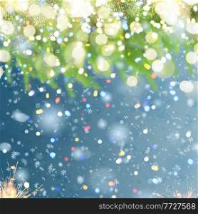 christmas defosued background with fir tree, snow and bokeh fire and lights. christmas background with fir tree and snow