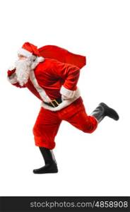 Christmas delivery rush. Santa Claus running at New Year or Christmas delivery rush with gift bag full of presents on white background