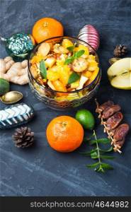Christmas detox fruit salad. holiday fruit salad with tangerine, dates and feijoa