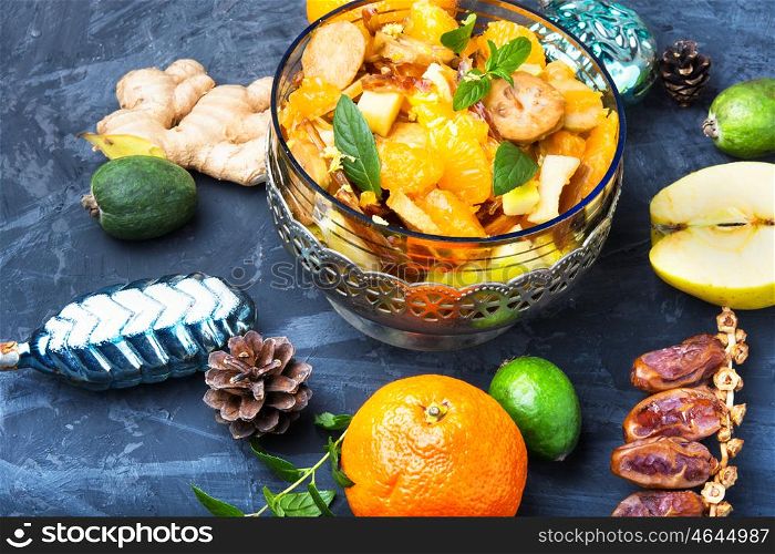 Christmas detox fruit salad. holiday fruit salad with tangerine, dates and feijoa