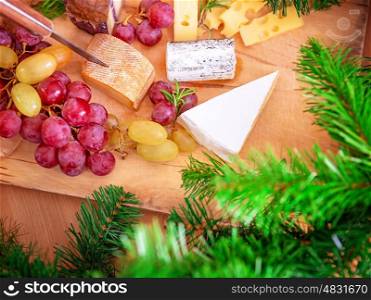 Christmas dinner at home, cheese and wine table setting, cozy atmosphere, Christmas eve celebration
