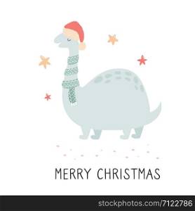 Christmas dino in scarf and Santa hat. Festive print, illustration. Christmas dino in scarf and Santa hat.