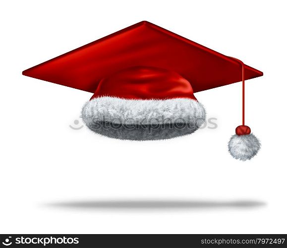 Christmas education holiday concept with a mortar board or graduation cap as a red velvet santa clause hat with white fur trim as a festive symbol of winter school break and new year celebration on a white background.