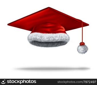 Christmas education holiday concept with a mortar board or graduation cap as a red velvet santa clause hat with white fur trim as a festive symbol of winter school break and new year celebration on a white background.