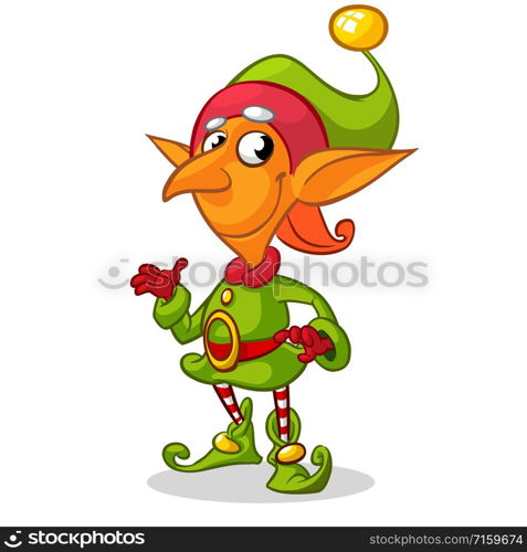 Christmas elf character in green hat. Illustration of Christmas greeting card with cute elf on simple white background.