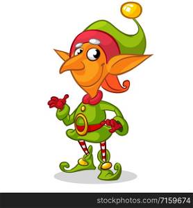 Christmas elf character in green hat. Illustration of Christmas greeting card with cute elf on simple white background.