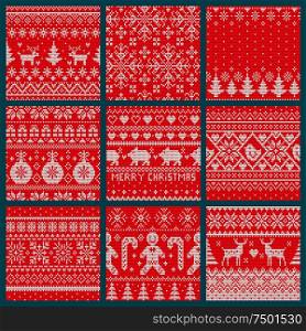 Christmas embroidery seamless knitted pattern set vector. Spruce evergreen tree symbol, reindeer with horns and decorative baubles print ornaments. Christmas Embroidery Seamless Knitted Pattern Set