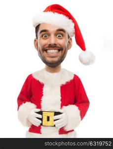 christmas, emotion, facial expressions and people concept - funny smiling man in santa claus costume over white background (cartoon style character with big head). man in santa costume with funny face over white