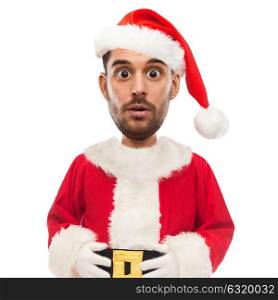 christmas, emotion, facial expressions and people concept - surprised man in santa claus costume over white (funny cartoon style character with big head). surprised man in santa claus costume over white