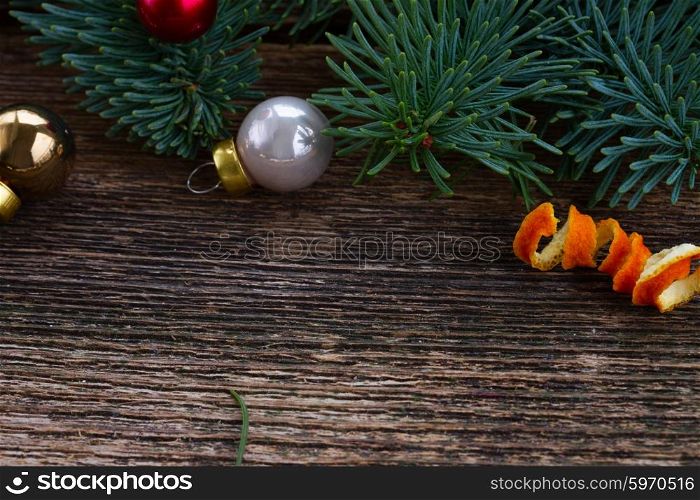 christmas evergreen spruce. christmas evergreen spruce close up on wooden background