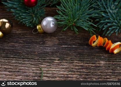 christmas evergreen spruce. christmas evergreen spruce close up on wooden background