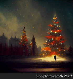 christmas evergreen tree forest in snow with holiday lights, festive illustration. christmas fir tree with decorations