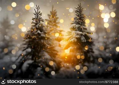 christmas evergreen tree forest in snow with holiday lights with copy space on winter forest background. christmas fir tree with decorations