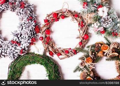 Christmas fair, Large Choice of aromatic natural wreathes. Christmas fair wreathes