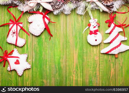 Christmas felted toys. Christmas vintage decorated toy for home and tree, white and red elements with laces and ribbons on felt