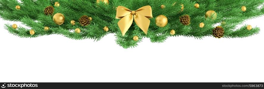 Christmas fir branch ornament with golden bow, baubles, pine cones isolated 3d rendering