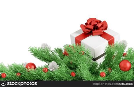 Christmas fir tree branch decoration with gift isolated 3d rendering