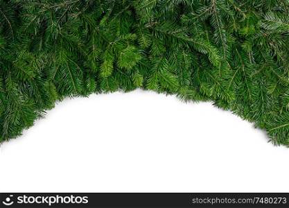 Christmas fir tree branches border frame isolated on white background, copy space for text. Christmas fir tree branches frame