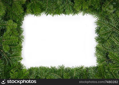 Christmas fir tree branches border frame isolated on white background, copy space for text. Christmas fir tree branches frame