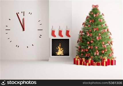Christmas fir tree in the room with fireplace and big clock