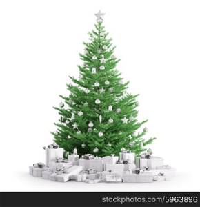 Christmas fir tree with baubles, gifts isolated over white 3d render