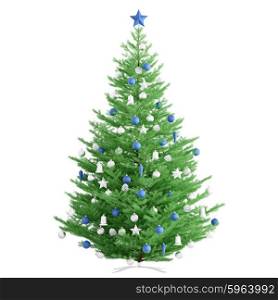 Christmas fir tree with blue and silver baubles isolated over white 3d render