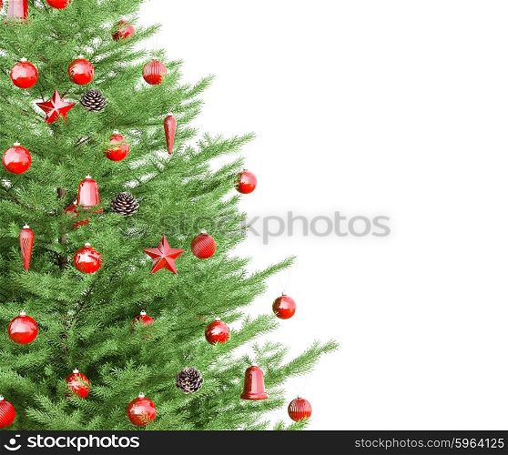 Christmas fir tree with red decorations isolated over white 3d rendering