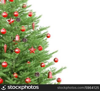 Christmas fir tree with red decorations isolated over white 3d rendering