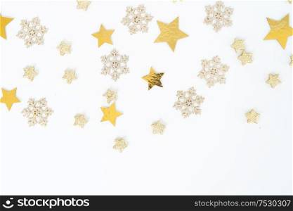 Christmas flat lay scene border with golden decorations background, top view. Christmas flat lay scene with golden decorations