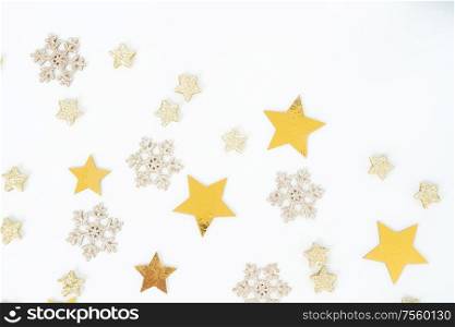 Christmas flat lay scene border with golden decorations background, top view. Christmas flat lay scene with golden decorations