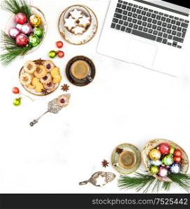 Christmas food and decoration. Traditional cookies and coffee. Flat lay social media