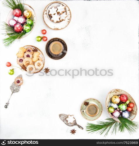 Christmas food and decoration. Traditional cookies and coffee. Still life. Top view