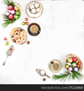 Christmas food and decoration. Traditional cookies and coffee. Still life. Top view