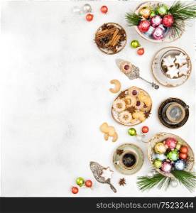Christmas food and decoration. Traditional german cookies and coffee. Still life. Top view