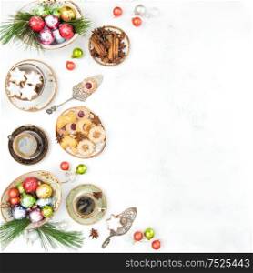 Christmas food and table decoration. Traditional cookies and coffee. Still life. Top view