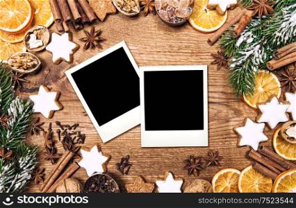 Christmas food background. Vintage style picture with photo frames for your images