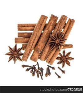 Christmas food spices. Mulled wine and gingerbread cookies ingredients isolated in white background