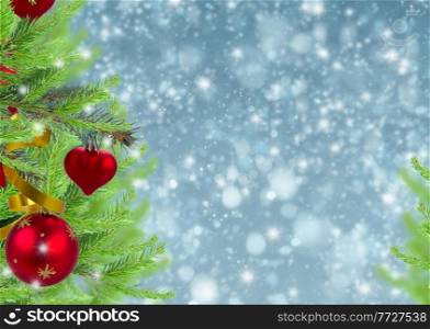 christmas frame background with decorated fir tree and snow