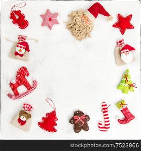 Christmas frame from decoration and gift bags. Holidays background