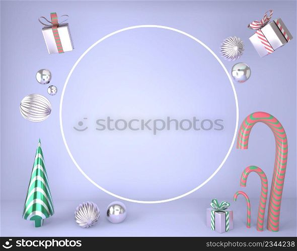 Christmas frame made of festive decorations, gift boxes. Christmas background. 3d.. Christmas frame made of festive decorations, gift boxes. Christmas background. 3d rendering.