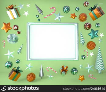 Christmas frame made of festive decorations, gift boxes. Christmas background. 3d.. Christmas frame made of festive decorations, gift boxes. Christmas background. 3d rendering.