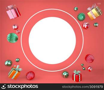 Christmas frame made of festive decorations, gift boxes. Christmas background. 3d.. Christmas frame made of festive decorations, gift boxes. Christmas background. 3d rendering.