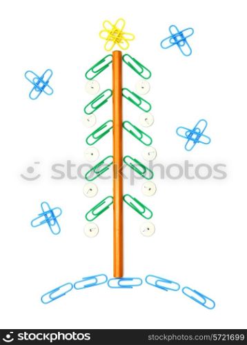 Christmas fur-tree from paper clips for a paper on a white background