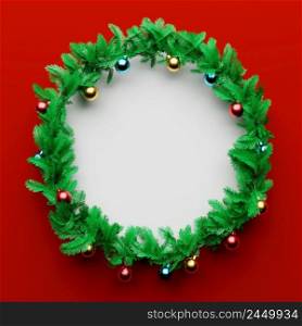 Christmas garland pine decoration with empty space in the middle on red and white background. Xmas holiday culture and new year concept. 3D illustration rendering