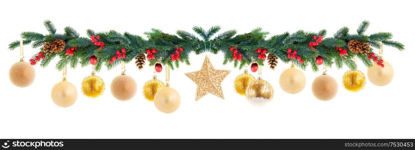 Christmas garland with golden balls on isolated white background. Christmas garland on white