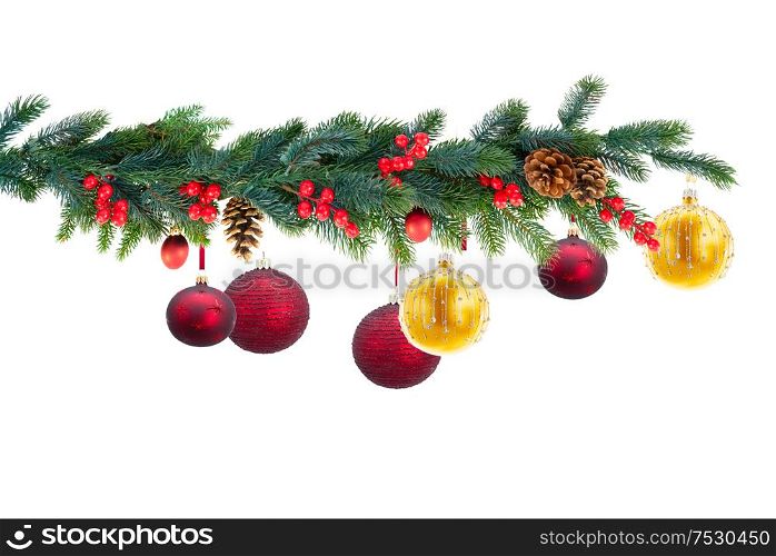 Christmas garland with red and golden balls on isolated white background. Christmas garland on white