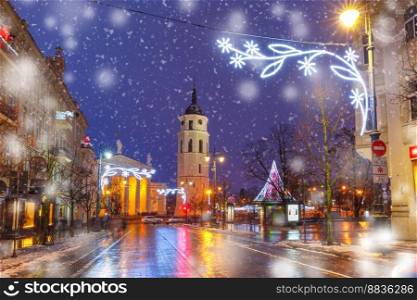 Christmas Gediminas prospect and Cathedral Belfry, Vilnius, Lithuania, Baltic states.. Christmas Gediminas prospect, Vilnius, Lithuania