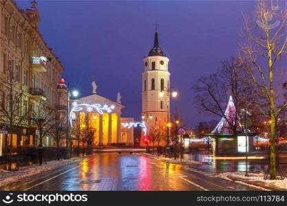 Christmas Gediminas prospect, Vilnius, Lithuania. Decorated and illuminated Christmas Gediminas prospect and Cathedral Belfry during evening blue hour, Vilnius, Lithuania, Baltic states.