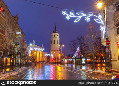 Christmas Gediminas prospect, Vilnius, Lithuania. Decorated and illuminated Christmas Gediminas prospect and Cathedral Belfry during evening blue hour, Vilnius, Lithuania, Baltic states.